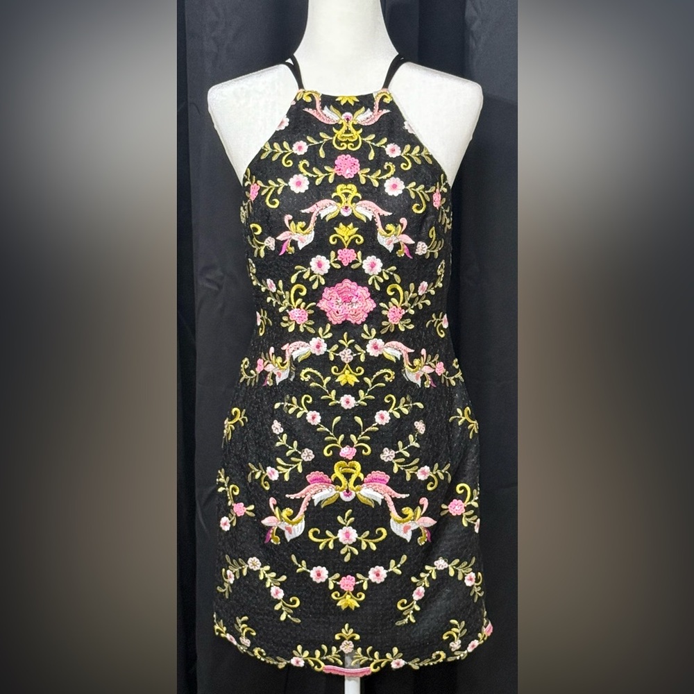 Alyce Paris Black Dress with Pink and Yellow Embroidery